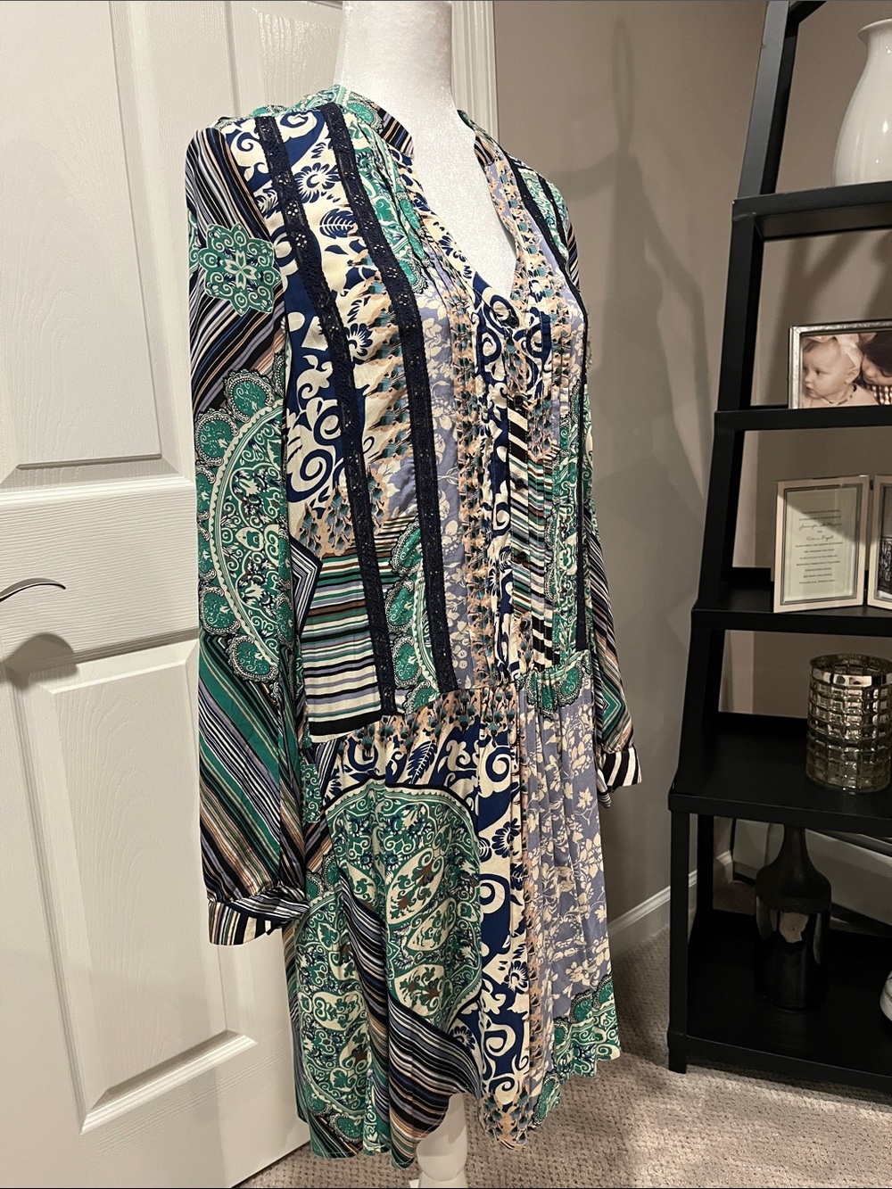 Mixed Print Long-Sleeve Dress in Green and Navy - Picture 3 of 7